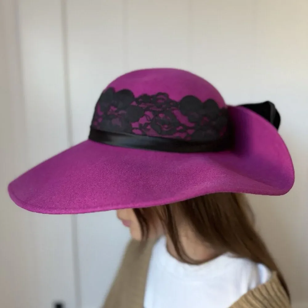 VTG 80s Deadstock Michael Howard Fuchsia Wool Fedora Hat Lace Satin Bow USA NOS